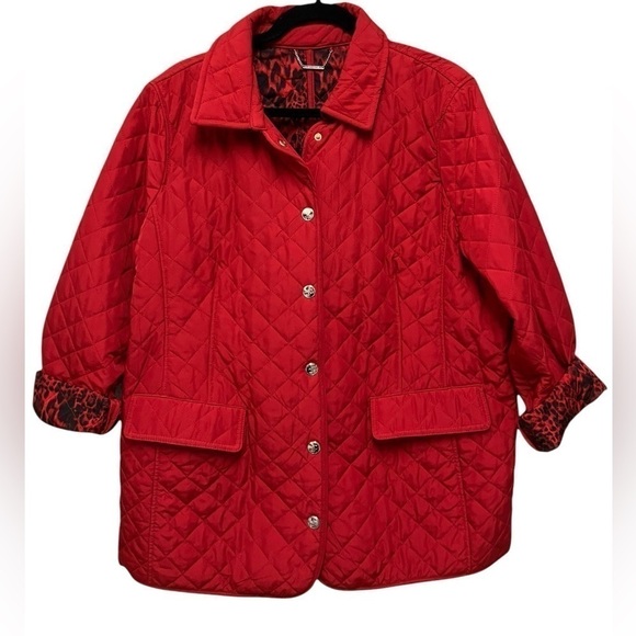 Chico’s Red Quilted Snap Front Leopard Print Lining  Classic Women’s Jacket XL - Picture 4 of 13